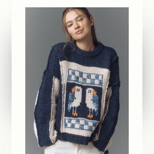 NWT Anthropologie Pilcro Chunky Crew-Neck Sweater Seagull XS Navy and Cream